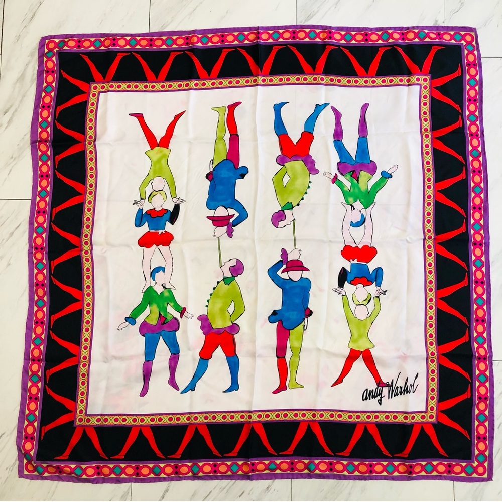 Vtg 80s ANDY WARHOL Circus Clown Carnival Silk Scarf Large 36x36" Cream Black